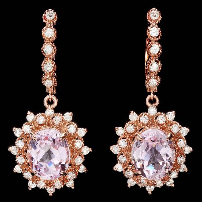 14k Rose 9.00ct Kunzite 1.60ct Diamond Earrings: Retail: $12,400.00 ****** 14k Rose 9.00ct Kunzite 1.60ct Diamond Earrings ****** Metal: 14k Solid Rose Gold / Total Item Weight: 10.0 grams / Country Made: United States / / Main Stone: Kunzite / Colo