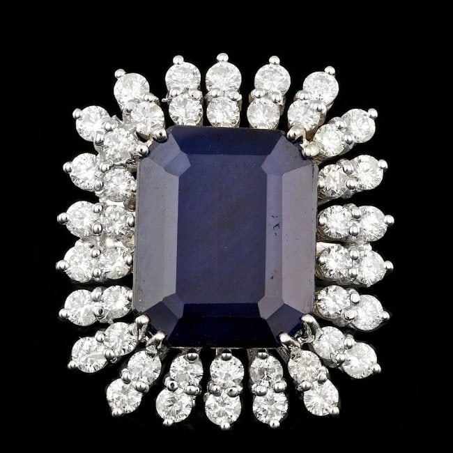 14k Gold 13.50ct Sapphire 2.40ct Diamond Ring: Retail: $21,200.00 ****** 14k Gold 13.50ct Sapphire 2.40ct Diamond Ring ****** Metal: 14k Solid White Gold / Size: 7 / Total Item Weight: 11.8 grams / Country Made: United States / / Main Stone: Sapph