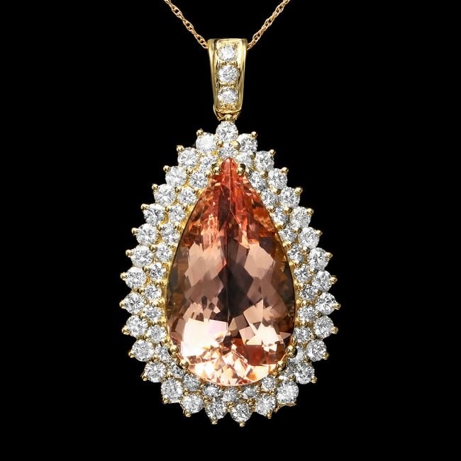 14k Gold 20.00ct Morganite 3.50ct Diamond Pendant: Retail: $22,500.00 ****** 14k Gold 20.00ct Morganite 3.50ct Diamond Pendant ****** Metal: 14k Solid Yellow Gold / Total Item Weight: 16.5 grams / Country Made: United States / / Main Stone: Morganite 