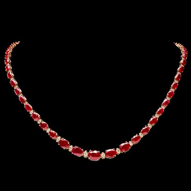 14k Gold 30.00ct Ruby 1.60ct Diamond Necklace: Retail: $27,800.00 ****** 14k Gold 30.00ct Ruby 1.60ct Diamond Necklace ****** Metal: 14k Solid Yellow Gold / Size: 17 / Total Item Weight: 23.5 grams / Country Made: United States / / Main Stone: Rub