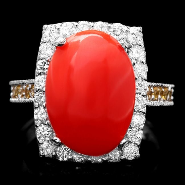 14k White Gold 5.50ct Coral 1.00ct Diamond Ring: Retail: $11,360.00 ****** 14k White Gold 5.50ct Coral 1.00ct Diamond Ring ****** Metal: 14k Solid White Gold / Size: 7 / Total Item Weight: 6.0 grams / Country Made: United States / / Main Stone: Cora