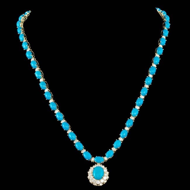 14k Gold 35.5ct Turquoise 3.50ct Diamond Necklace: Retail: $27,600.00 ****** 14k Gold 35.5ct Turquoise 3.50ct Diamond Necklace ****** Metal: 14k Solid Yellow Gold / Size: 17 / Total Item Weight: 27.5 grams / / Main Stone: Turquoise / Color: Blue / Car