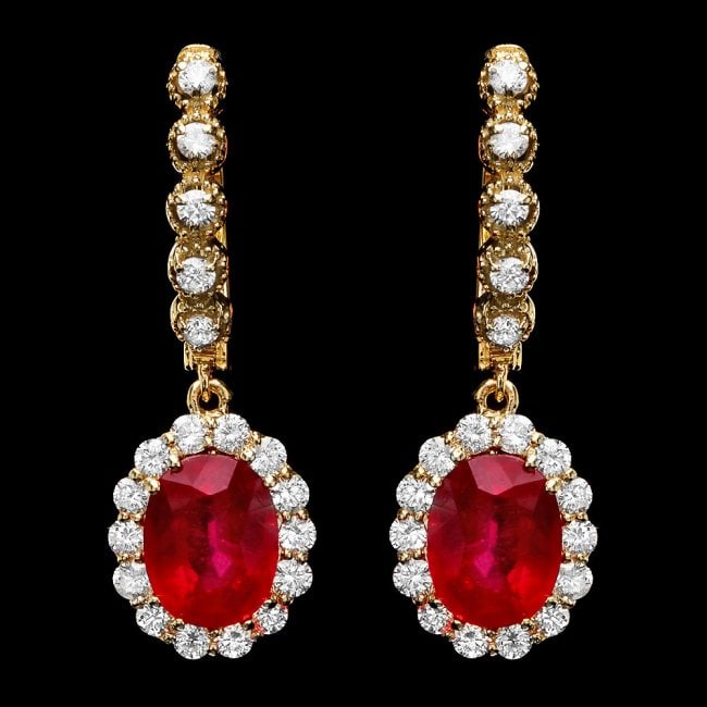 14k Gold 8.00ct Ruby 1.35ct Diamond Earrings: Retail: $8,300.00 ****** 14k Gold 8.00ct Ruby 1.35ct Diamond Earrings ****** Metal: 14k Solid Yellow Gold / Total Item Weight: 6 grams / Country Made: United States / / Main Stone: Ruby / Color: Red /
