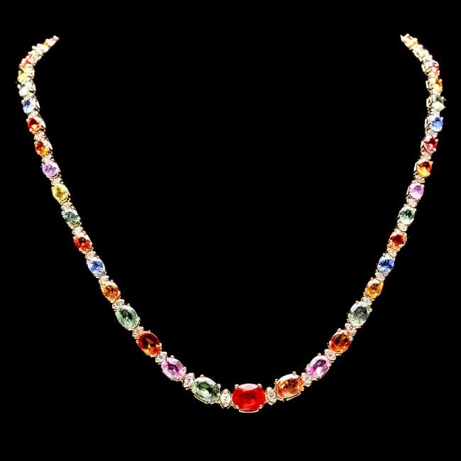 14k Gold 33.00ct Sapphire 1.70ct Diamond Necklace: Retail: $21,800.00 ****** 14k Gold 33.00ct Sapphire 1.70ct Diamond Necklace ****** Metal: 14k Solid Yellow Gold / Size: 16.5 / Total Item Weight: 21.0 grams / Country Made: United States / / Main Ston