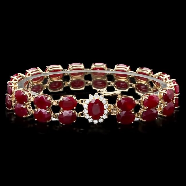 14k Gold 53.00ct Ruby 0.50ct Diamond Bracelet: Retail: $28,400.00 ****** 14k Gold 53.00ct Ruby 0.50ct Diamond Bracelet ****** Metal: 14k Solid Yellow Gold / Size: 7.5 / Total Item Weight: 28 grams / Country Made: United States / / Main Stone: Ruby