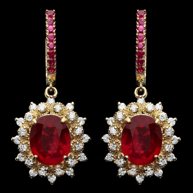 14k Gold 9.35ct Ruby 1.30ct Diamond Earrings: Retail: $9,200.00 ****** 14k Gold 9.35ct Ruby 1.30ct Diamond Earrings ****** Metal: 14k Solid Yellow Gold / Total Item Weight: 10 grams / Country Made: United States / / Main Stone: Ruby / Color: Red 