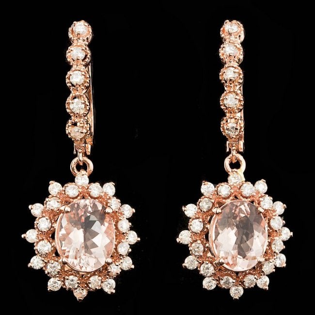 14k Rose 4.00ct Morganite 1.60ct Diamond Earrings: Retail: $12,700.00 ****** 14k Rose 4.00ct Morganite 1.60ct Diamond Earrings ****** Metal: 14k Solid Rose Gold / Total Item Weight: 7.5 grams / Country Made: United States / / Main Stone: Morganite / C