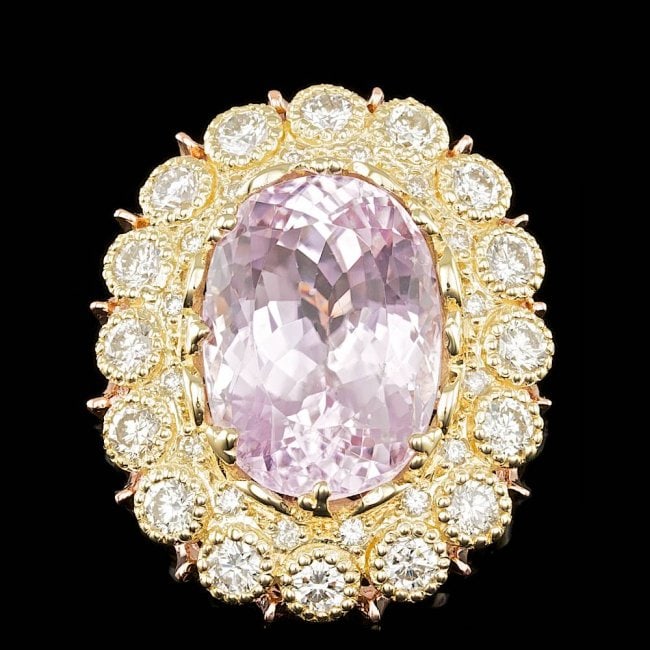 14k Gold 19.50ct Kunzite 2.75ct Diamond Ring: Retail: $28,700.00 ****** 14k Gold 19.50ct Kunzite 2.75ct Diamond Ring ****** Metal: 14k Solid Multi-Tone Gold / Size: 7.5 / Total Item Weight: 15.0 grams / Country Made: United States / / Main Stone: