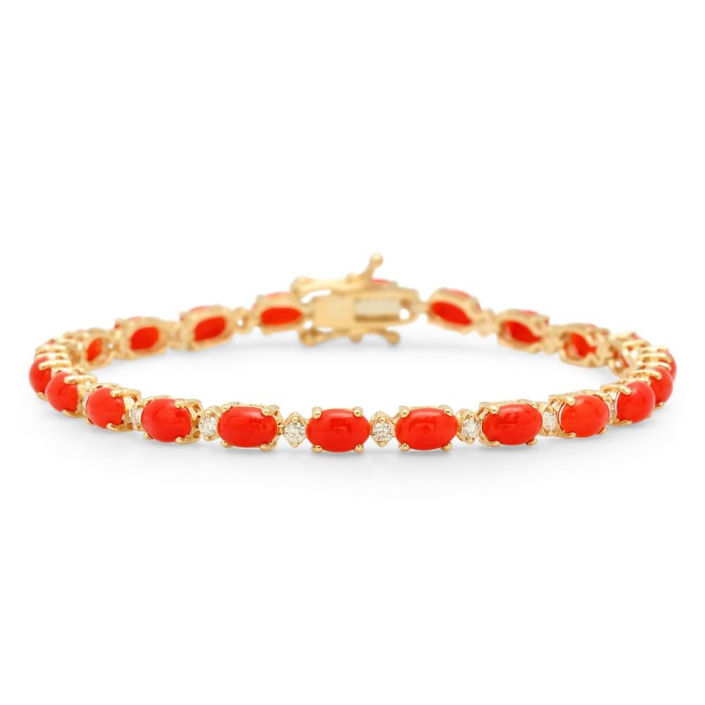 14K Gold 10.66ct Coral 0.48cts Diamond Bracelet: Retail: $7,937.00 ****** 14K Gold 10.66ct Coral 0.48cts Diamond Bracelet ****** Metal: 14K Yellow Gold / Total Item Weight: 9.0 grams / Country Made: United States / Main Stone: Coral / Color: Reddish