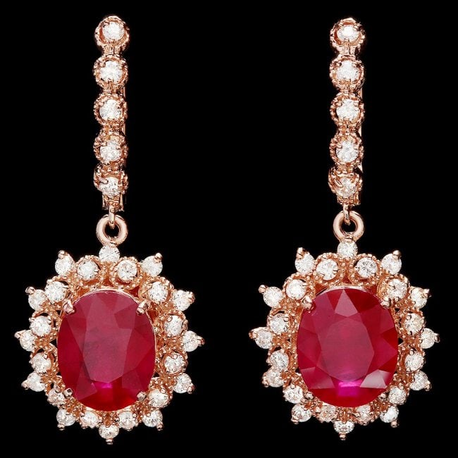 14k Rose Gold 9.00ct Ruby 1.60ct Diamond Earrings: Retail: $14,700.00 ****** 14k Rose Gold 9.00ct Ruby 1.60ct Diamond Earrings ****** Metal: 14k Solid Rose Gold / Total Item Weight: 9.5 grams / Country Made: United States / / Main Stone: Ruby / Color: