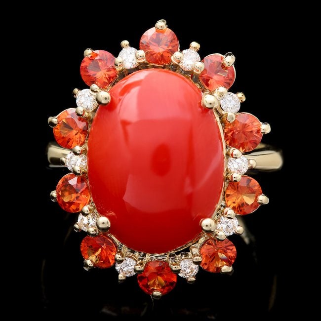 14k Yellow Gold 5.00ct Coral 0.35ct Diamond Ring: Retail: $7,650.00 ****** 14k Yellow Gold 5.00ct Coral 0.35ct Diamond Ring ****** Metal: 14k Solid Yellow Gold / Size: 7.5 / Total Item Weight: 7.5 grams / Country Made: United States / / Main Stone: C