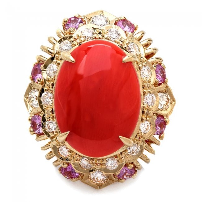 14k Yellow Gold 5.40ct Coral 0.80ct Diamond Ring: Retail: $11,360.00 ****** 14k Yellow Gold 5.40ct Coral 0.80ct Diamond Ring ****** Metal: 14k Solid Yellow Gold / Size: 7 / Total Item Weight: 10.5 grams / Country Made: United States / / Main Stone: C