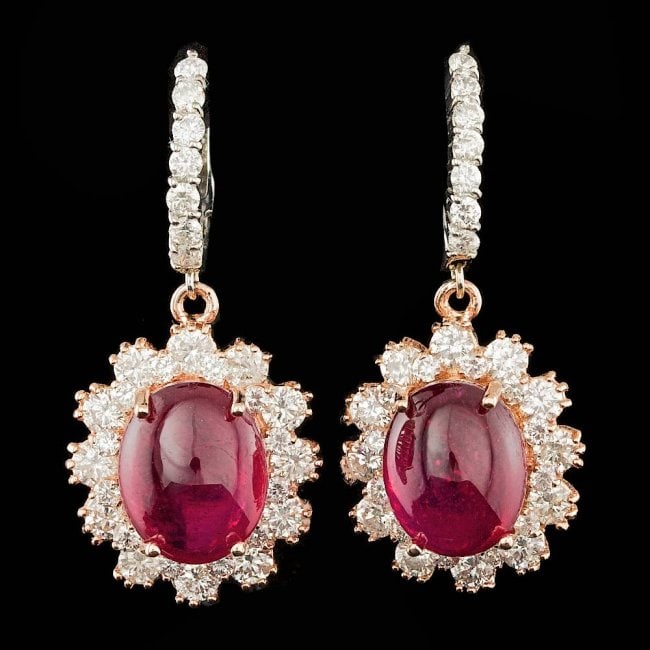 14k Gold 12.50ct Ruby 3.00ct Diamond Earrings: Retail: $25,100.00 ****** 14k Gold 12.50ct Ruby 3.00ct Diamond Earrings ****** Metal: 14k Solid Multi-Tone Gold / Total Item Weight: 10.0 grams / Country Made: United States / / Main Stone: Ruby / Col