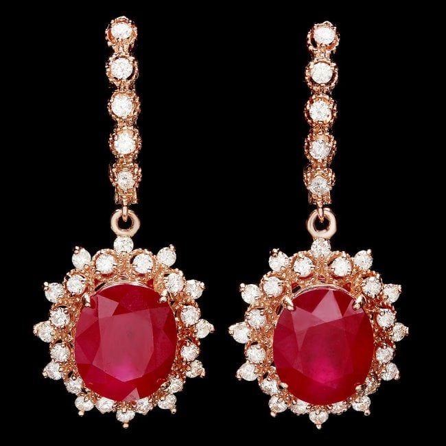 14k Rose 14.00ct Ruby 1.55ct Diamond Earrings: Retail: $12,900.00 ****** 14k Rose 14.00ct Ruby 1.55ct Diamond Earrings ****** Metal: 14k Solid Rose Gold / Total Item Weight: 10.5 grams / Country Made: United States / / Main Stone: Ruby / Color: Re