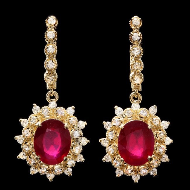 14k Gold 8.00ct Ruby 1.90ct Diamond Earrings: Retail: $8,300.00 ****** 14k Gold 8.00ct Ruby 1.90ct Diamond Earrings ****** Metal: 14k Solid Yellow Gold / Total Item Weight: 9.5 grams / Country Made: United States / / Main Stone: Ruby / Color: Red