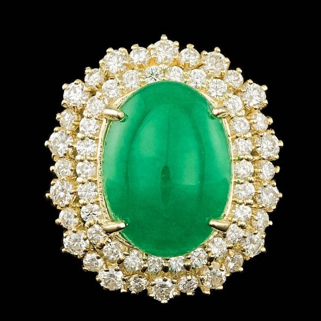 14k Yellow Gold 6.50ct Jade 2.00ct Diamond Ring: Retail: $18,600.00 ****** 14k Yellow Gold 6.50ct Jade 2.00ct Diamond Ring ****** Metal: 14k Solid Yellow Gold / Size: 7 / Total Item Weight: 9.2 grams / / Main Stone: Jade / Color: Green / Carat Total
