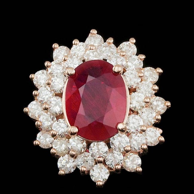 14k Rose Gold 3.50ct Ruby 2.45ct Diamond Ring: Retail: $14,200.00 ****** 14k Rose Gold 3.50ct Ruby 2.45ct Diamond Ring ****** Metal: 14k Solid Rose Gold / Size: 7 / Total Item Weight: 7.0 grams / Country Made: United States / / Main Stone: Ruby / 