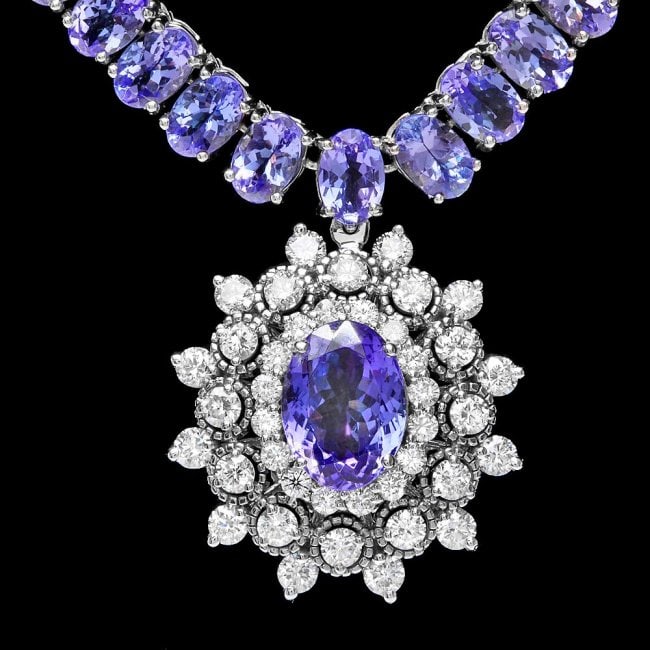 14k Gold 48ct Tanzanite 2ct Diamond Necklace: Retail: $32,000.00 ****** 14k Gold 48ct Tanzanite 2ct Diamond Necklace ****** Metal: 14k Solid White Gold / Size: 16.5 / Total Item Weight: 34.0 grams / Country Made: United States / / Main Stone: Tan