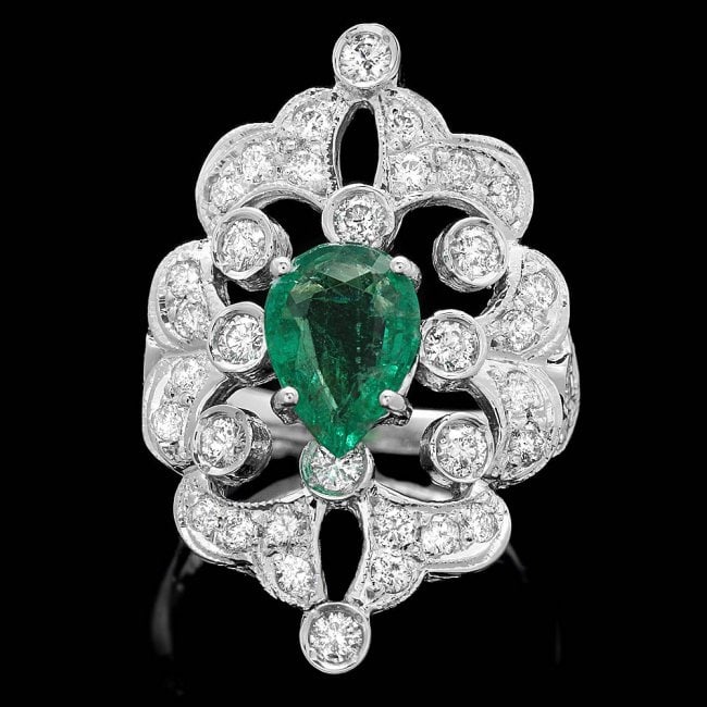14k White Gold 1.50ct Emerald 1.35ct Diamond Ring: Retail: $13,450.00 ****** 14k White Gold 1.50ct Emerald 1.35ct Diamond Ring ****** Metal: 14k Solid White Gold / Size: 7.25 / Total Item Weight: 8.0 grams / Country Made: United States / / Main Stone: