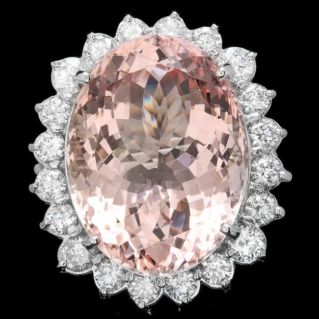 14k Gold 33.50ct Morganite 3.15ct Diamond Ring: Retail: $37,800.00 ****** 14k Gold 33.50ct Morganite 3.15ct Diamond Ring ****** Metal: 14k Solid White Gold / Size: 7 / Total Item Weight: 18.0 grams / Country Made: United States / / Main Stone: Morg