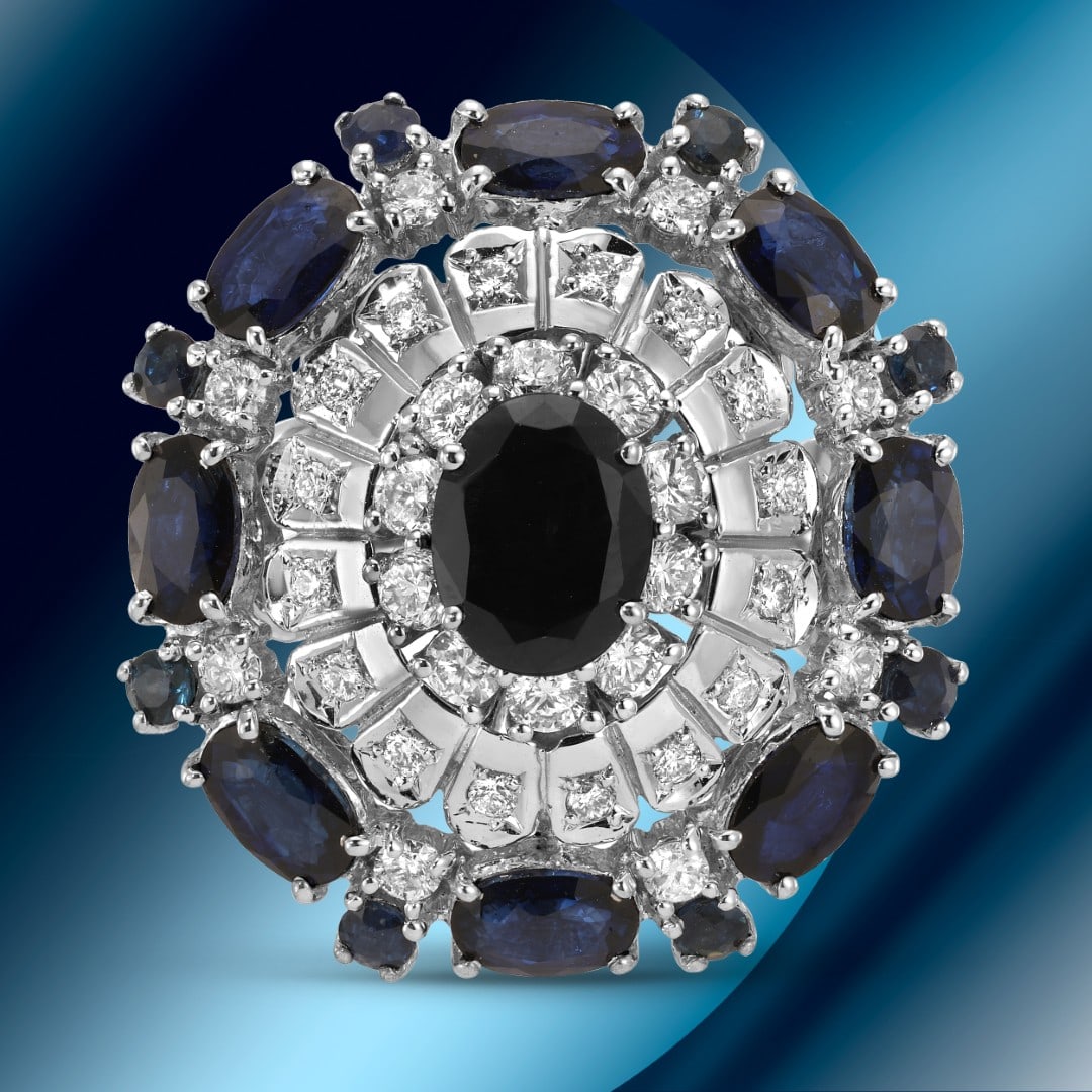 14K Gold 7.82cts Sapphire & 1.23cts Diamond Ring: Retail: $21,271*****14K Gold Sapphire & Diamond Ring*****Metal: 14K White Gold/ Total Wt.: 15.1g / Country Made US// Size 7 / Main Stone: Sapphire / Carat Total Wt.: 7.82cts / Treatment: Diffusion / C