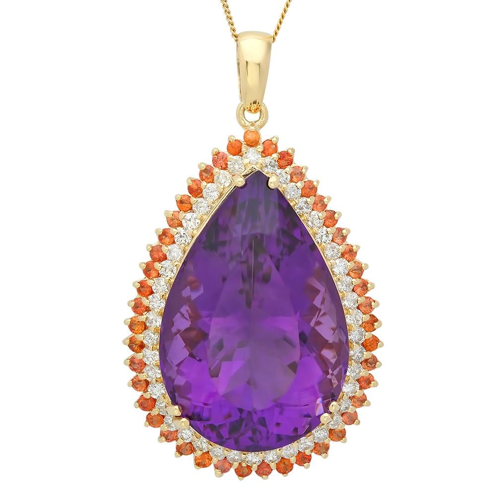 14K Gold 52.92ct Amethyst 2.16ct Sapphire 1.70ct Diamond Pendant: Retail: $18,410.00 ****** 14K Gold 52.92ct Amethyst 2.16ct Orange Sapphire 1.70ct Diamond Pendant ****** Metal: 14K Solid Gold / Total Item Weight: 17.0 grams / Country Made: United States / / Main St
