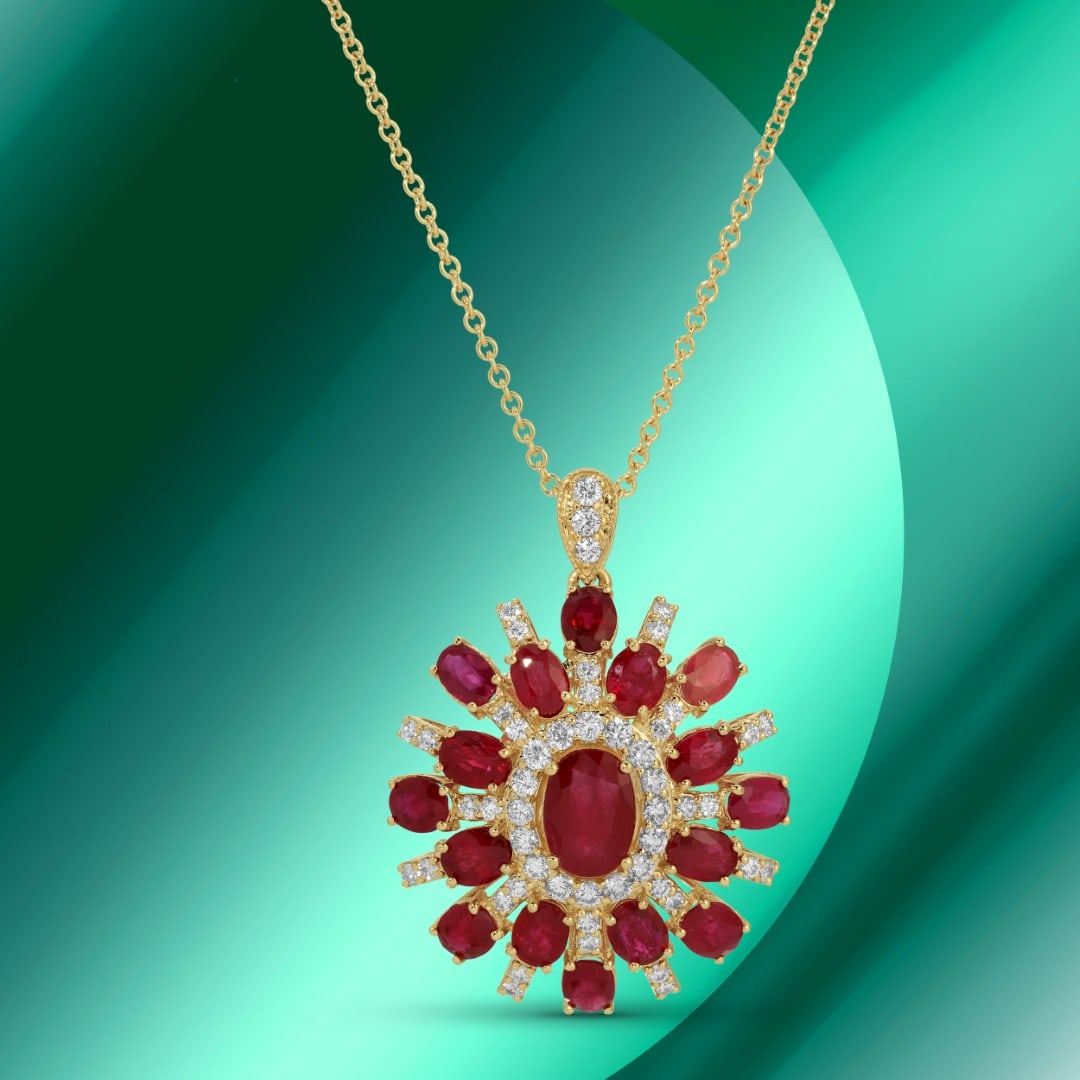 14K Gold 9.24cts Ruby & 1.09cts Diamond Pendant: Retail: $11,850*****14K Gold Ruby & Diamond Pendant*****Metal: 14K Yellow Gold/ Total Wt.: 10.7g / Country Made US// Main Stone: Ruby / Carat Total Wt.: 9.24cts / Treatment: Heat / Color: Red / Cut: V