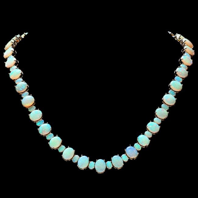 14k White Gold 58ct Opal Necklace: Retail: $43,800.00 ****** 14k White Gold 58ct Opal Necklace ****** Metal: 14k Solid White Gold / Size: 18 / Total Item Weight: 53.5 grams / Country Made: United States / / Main Stone: Opal / Color: Mu