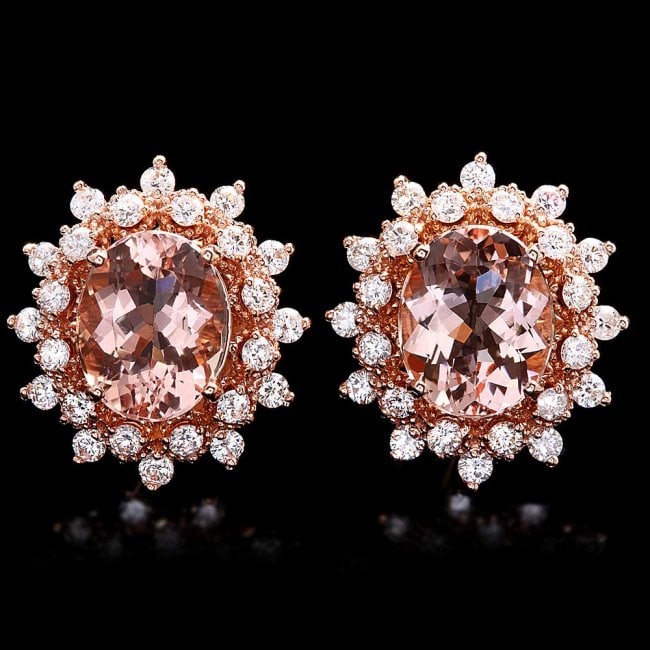 14k Rose 5ct Morganite 1.25ct Diamond Earrings: Retail: $9,100.00 ****** 14k Rose 5ct Morganite 1.25ct Diamond Earrings ****** Metal: 14k Solid Rose Gold / Total Item Weight: 5.1 grams / Country Made: United States / / Main Stone: Morganite / Color