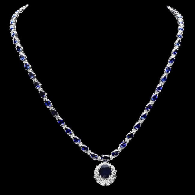 14k Gold 27ct Sapphire 3.35ct Diamond Necklace: Retail: $28,750.00 ****** 14k Gold 27ct Sapphire 3.35ct Diamond Necklace ****** Metal: 14k Solid White Gold / Size: 17 / Total Item Weight: 23.0 grams / Country Made: United States / / Main Stone: Sap