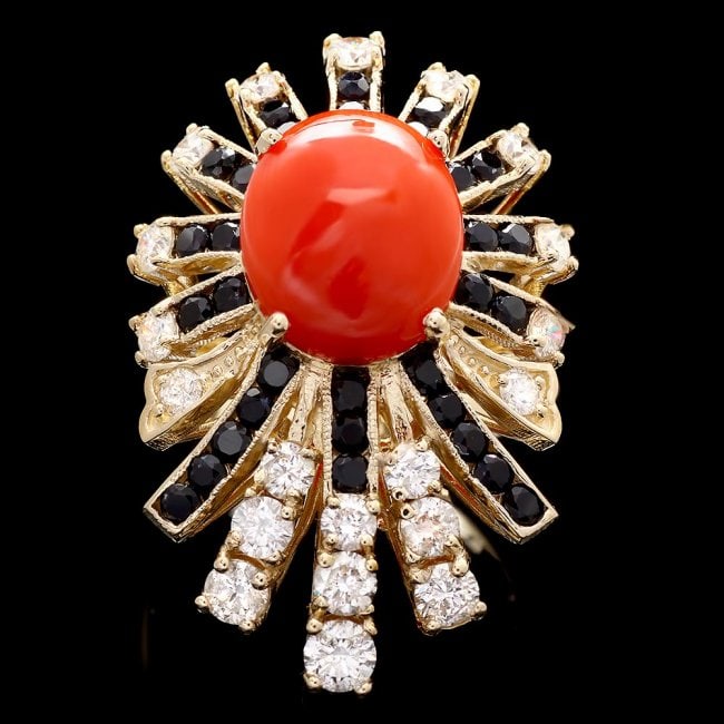 14k Yellow Gold 3.00ct Coral 1.55ct Diamond Ring: Retail: $11,450.00 ****** 14k Yellow Gold 3.00ct Coral 1.55ct Diamond Ring ****** Metal: 14k Solid Yellow Gold / Size: 7 / Total Item Weight: 8.5 grams / Country Made: United States / / Main Stone: Co