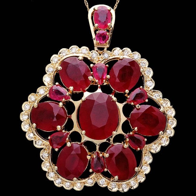 14k Yellow Gold 37ct Ruby 0.90ct Diamond Pendant: Retail: $17,890.00 ****** 14k Yellow Gold 37ct Ruby 0.90ct Diamond Pendant ****** Metal: 14k Solid Yellow Gold / Size: 16 / Total Item Weight: 19.0 grams / Country Made: United States / / Main Stone: 