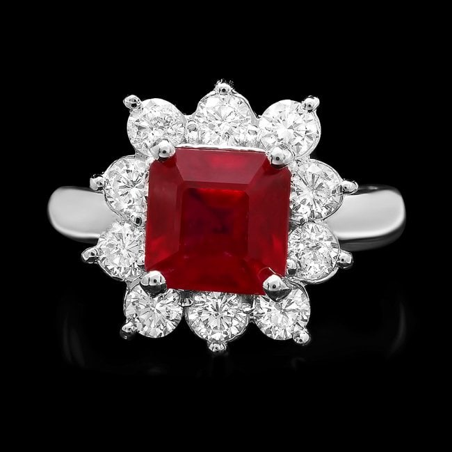 14k White Gold 3.40ct Ruby 1.25ct Diamond Ring: Retail: $8,500.00 ****** 14k White Gold 3.40ct Ruby 1.25ct Diamond Ring ****** Metal: 14k Solid White Gold / Size: 7.75 / Total Item Weight: 6.0 grams / Country Made: United States / / Main Stone: Rub