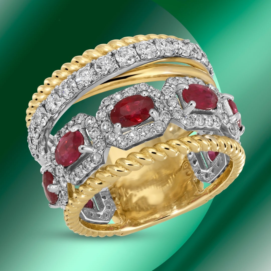 14K Gold 1.84cts Ruby & 1.39cts Diamond Ring: Retail: $16,827*****14K Gold Ruby & Diamond Ring*****Metal: 14K Yellow & White Gold/ Total Wt.: 9.9g / Country Made US// Size 7 / Main Stone: Ruby / Carat Total Wt.: 1.84cts / Treatment: Heat with Res
