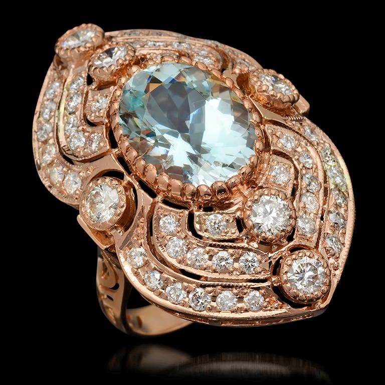 14K Gold 6.27ct Aquamarine & 2.75ct Diamond Ring: Retail: $14,750.00 ******14k Gold Aquamarine & Diamond Ring****** Metal: 14K Solid Rose Gold / Total Item Weight: 11.1 grams / Country Made: United States / / Main Stone: Aquamarine / Color: Light Blu