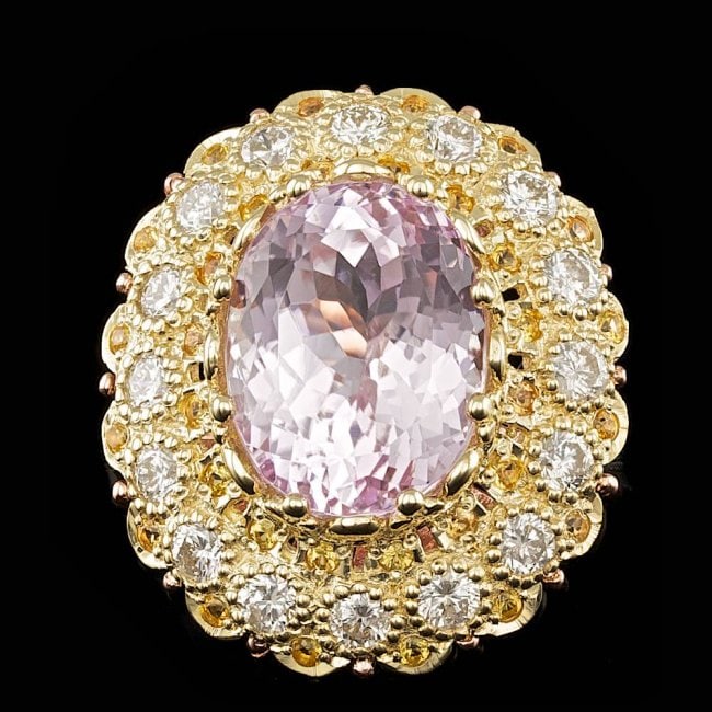 14k Gold 14.00ct Kunzite 2.05ct Diamond Ring: Retail: $22,100.00 ****** 14k Gold 14.00ct Kunzite 2.05ct Diamond Ring ****** Metal: 14k Solid Yellow Gold / Size: 7.5 / Total Item Weight: 14.0 grams / Country Made: United States / / Main Stone: Kun