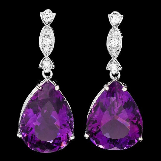 14k Gold 30ct Amethyst 0.50ct Diamond Earrings: Retail: $13,250.00 ****** 14k Gold 30ct Amethyst 0.50ct Diamond Earrings ****** Metal: 14k Solid White Gold / Total Item Weight: 12.5 grams / Country Made: United States / / Main Stone: Amethyst / Col