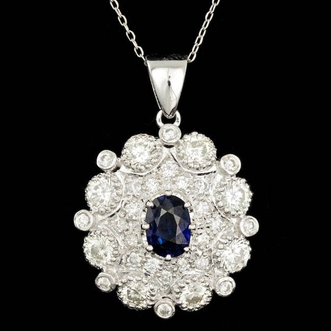 14k Gold 1.20ct Sapphire 3ct Diamond Pendant: Retail: $26,400.00 ****** 14k Gold 1.20ct Sapphire 3ct Diamond Pendant ****** Metal: 14k Solid White Gold / Size: 18 / Total Item Weight: 10.5 grams / Country Made: United States / / Main Stone: Sapph