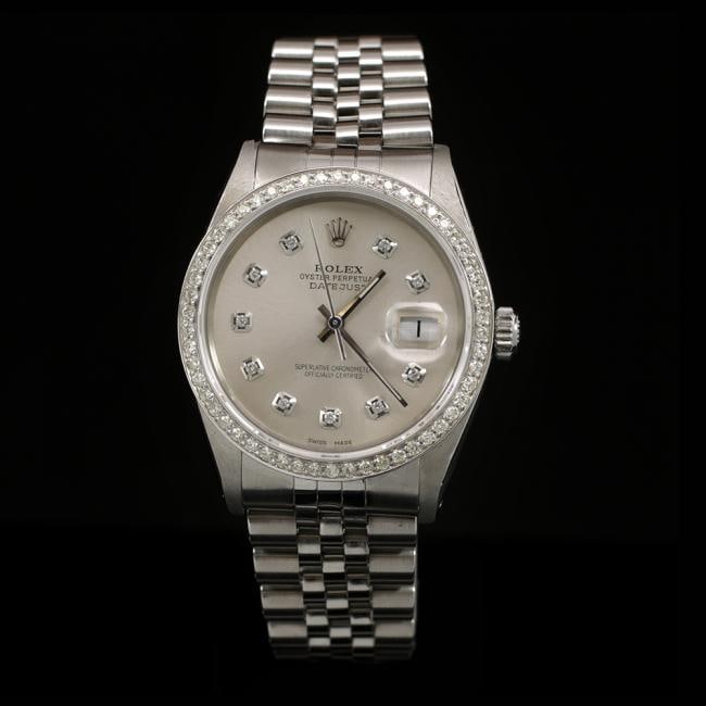Rolex DateJust SS 36mm Custom Diamond Bezel Men's Wristwatch: ****** Rolex DateJust SS 36mm Custom Diamond Bezel Men's Wristwatch ****** One Mens, Rolex DateJust 36mm Silver Diamond Dial Custom Diamond Bezel Mens Wristwatch Stainless Steel electronically tested 