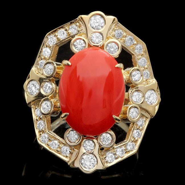 14k Yellow Gold 5.00ct Coral 1.10ct Diamond Ring: Retail: $11,470.00 ****** 14k Yellow Gold 5.00ct Coral 1.10ct Diamond Ring ****** Metal: 14k Solid Yellow Gold / Size: 7 / Total Item Weight: 9.5 grams / Country Made: United States / / Main Stone: Co