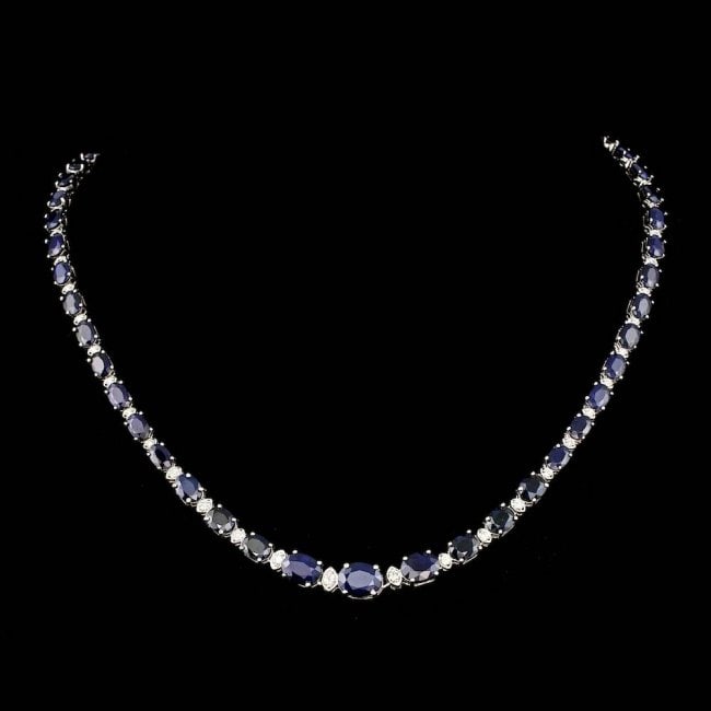 14k Gold 30.00ct Sapphire 1.25ct Diamond Necklace: Retail: $28,900.00 ****** 14k Gold 30.00ct Sapphire 1.25ct Diamond Necklace ****** Metal: 14k Solid White Gold / Size: 16 / Total Item Weight: 20.5 grams / Country Made: United States / / Main Stone: 