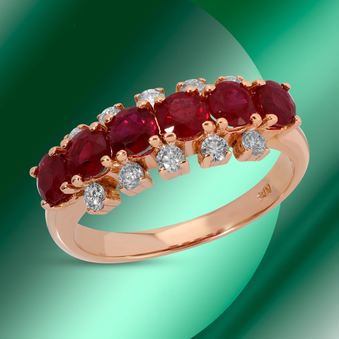 14k Gold 1.32ctc Ruby & 0.35ctc Diamond Ring: Retail: $6,345*****14K Gold Ruby & Diamond Ring*****Metal: 14K Rose Gold/ Total Wt.:3.7g / Country Made US// Main Stone: Ruby / Carat Total Wt.: 1.32cts / Treatment: None/ Color: Red / Cut: Very Good/