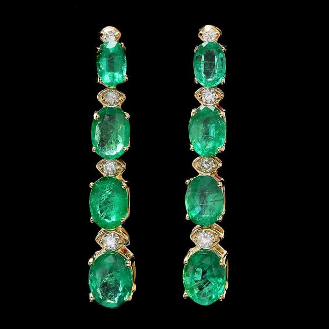 14k Gold 6.5ct Emerald .35ct Diamond Earrings: Retail: $8,500.00 ****** 14k Gold 6.5ct Emerald .35ct Diamond Earrings ****** Metal: 14k Solid Yellow Gold / Total Item Weight: 5.0 grams / Country Made: United States / / Main Stone: Emerald / Color: