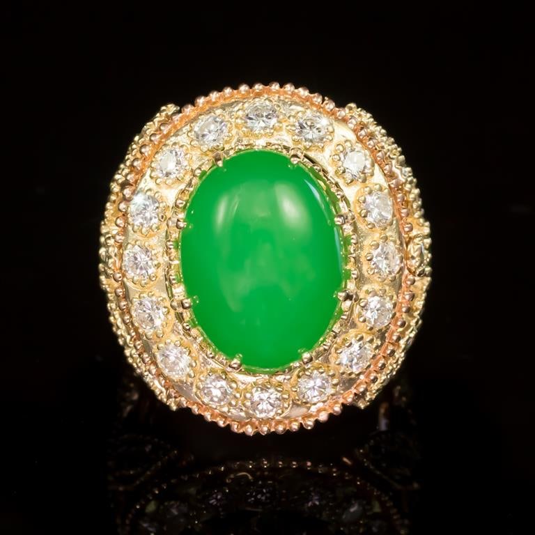 14K Gold 9.02ct Jadeite, 1.05ct Emerald 2.35ct Diamond Ring: Retail: $15,835.00 ****** Jadeite, Emerald & Diamond Ring ****** Metal: 14K Sold Yellow & Rose Gold / Total Item Weight: 17.8 grams / Country Made: United States / / Main Stone: Jadeite / Color: Green