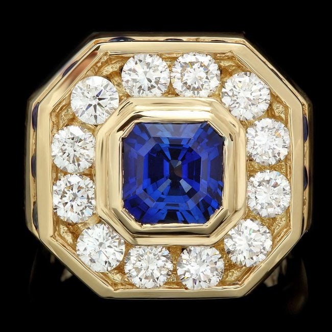 18k Gold 2.5ct Sapphire 3.20ct Diamond Mens Ring: Retail: $37,200.00 ****** 18k Gold 2.5ct Sapphire 3.20ct Diamond Mens Ring ****** Metal: 18k Solid Yellow Gold / Size: 11.5 / Total Item Weight: 33.5 grams / Country Made: United States / / Main Stone