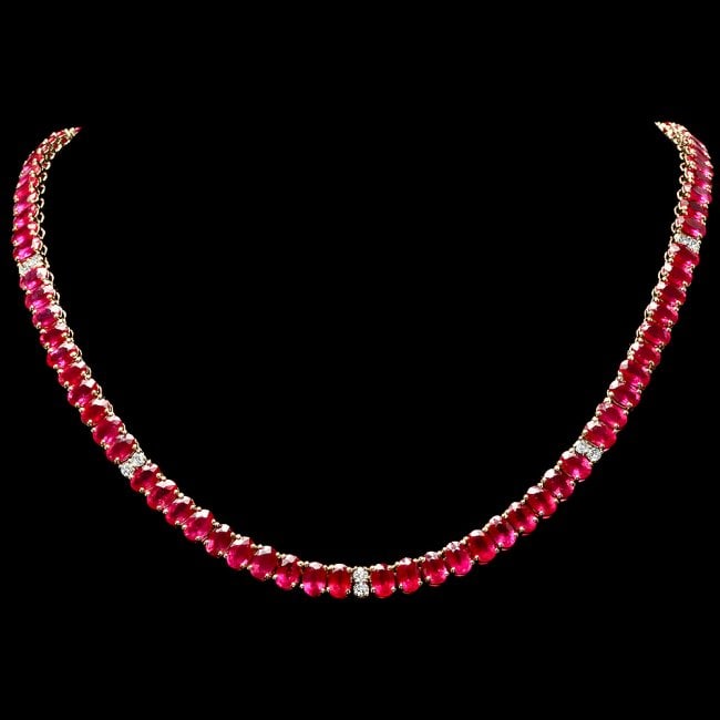 14k Gold 52.70ct Ruby 1.30ct Diamond Necklace: Retail: $21,400.00 ****** 14k Gold 52.70ct Ruby 1.30ct Diamond Necklace ****** Metal: 14k Solid Yellow Gold / Size: 16.75 / Total Item Weight: 31.8 grams / Country Made: United States / / Main Stone: 