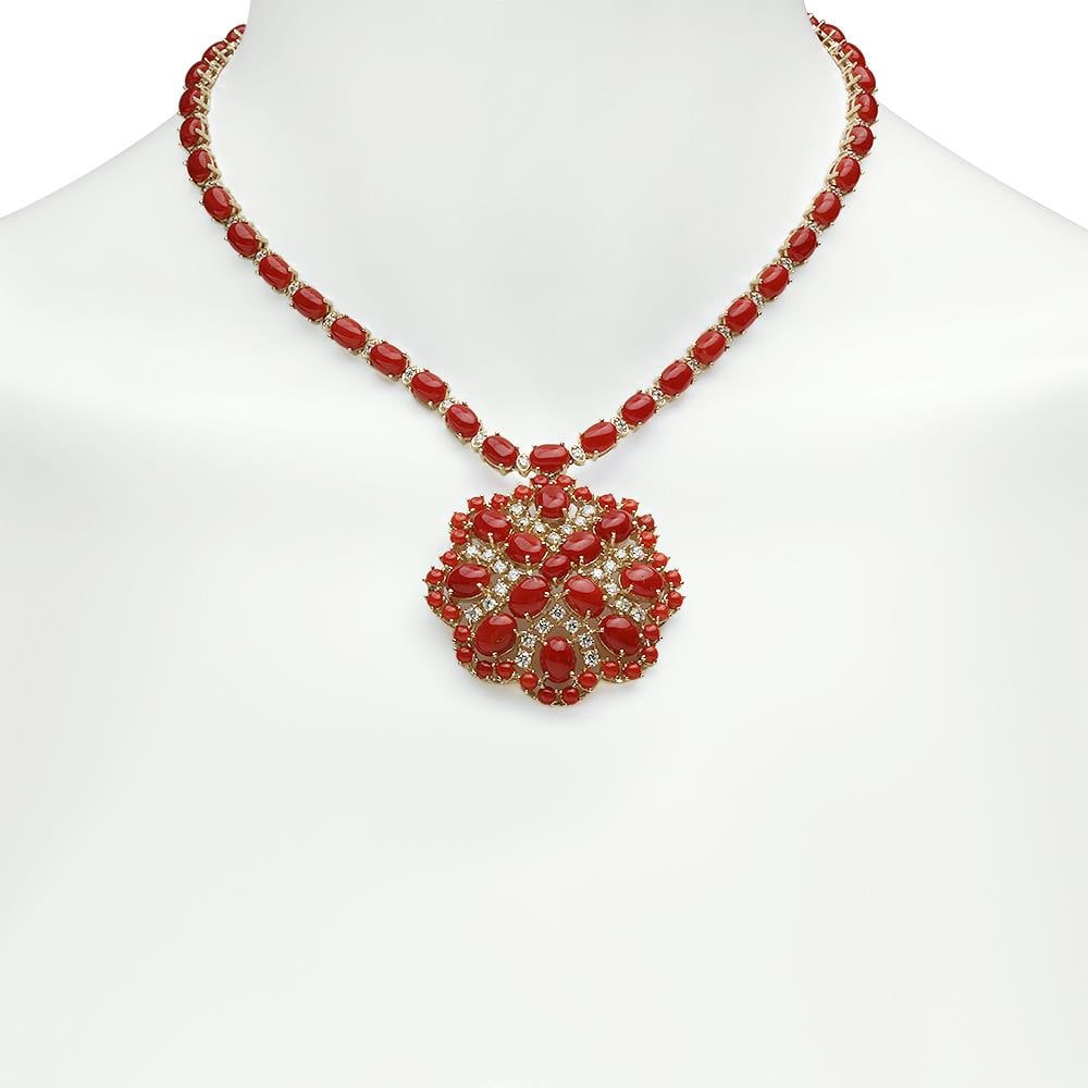 14K Gold 46.34ct Coral 3.12ct Diamond Necklace: Retail: $32,136.00 ****** 14K Gold 46.34ct Coral 3.12ct Diamond Necklace ****** Metal: 14K Solid Gold / Total Item Weight: 44.1 grams / Country Made: United States / / Main Stone: Coral / Color: Reddi