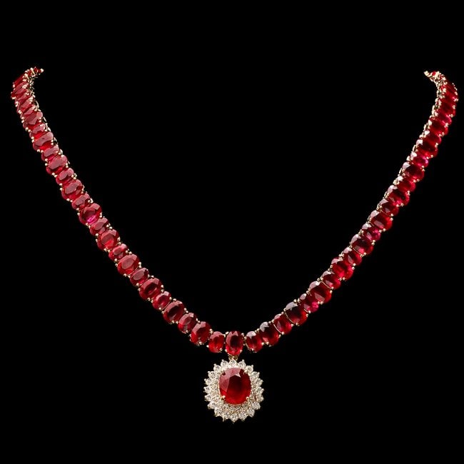 14k Gold 101ct Ruby 2.15ct Diamond Necklace: Retail: $38,200.00 ****** 14k Gold 101ct Ruby 2.15ct Diamond Necklace ****** Metal: 14k Solid Yellow Gold / Size: 17.5 / Total Item Weight: 47.0 grams / Country Made: United States / / Main Stone: Rub