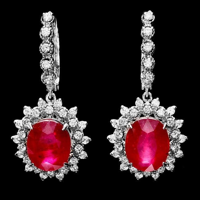 14k Gold 14.15ct Ruby 1.80ct Diamond Earrings: Retail: $11,650.00 ****** 14k Gold 14.15ct Ruby 1.80ct Diamond Earrings ****** Metal: 14k Solid White Gold / Total Item Weight: 10.5 grams / Country Made: United States / / Main Stone: Ruby / Color: R