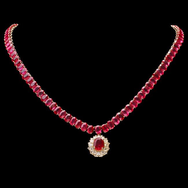 14k Gold 65.5ct Ruby 1.35ct Diamond Necklace: Retail: $34,500.00 ****** 14k Gold 65.5ct Ruby 1.35ct Diamond Necklace ****** Metal: 14k Solid Yellow Gold / Size: 17 / Total Item Weight: 35.5 grams / Country Made: United States / / Main Stone: Ruby